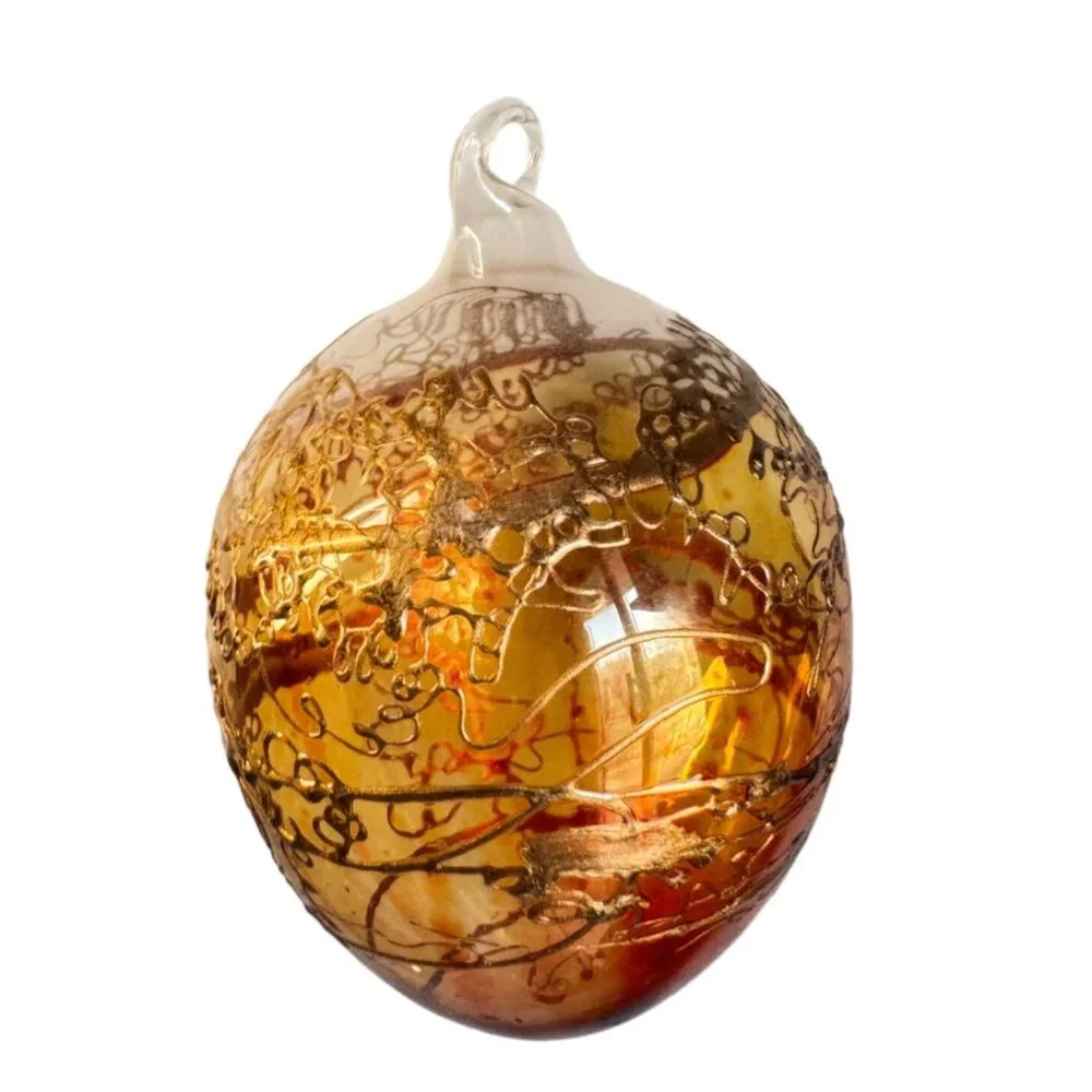 Amber Blown Glass Ornament Gold Gilded Design Art Glass 3" - Picture 7 of 7